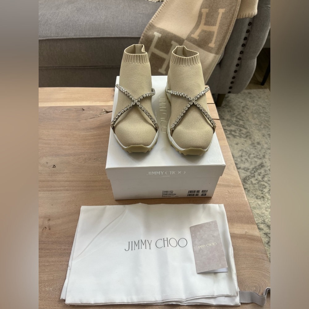 JIMMY CHOO Torri Knit Trainers With Crystal Chain, Size 37.5